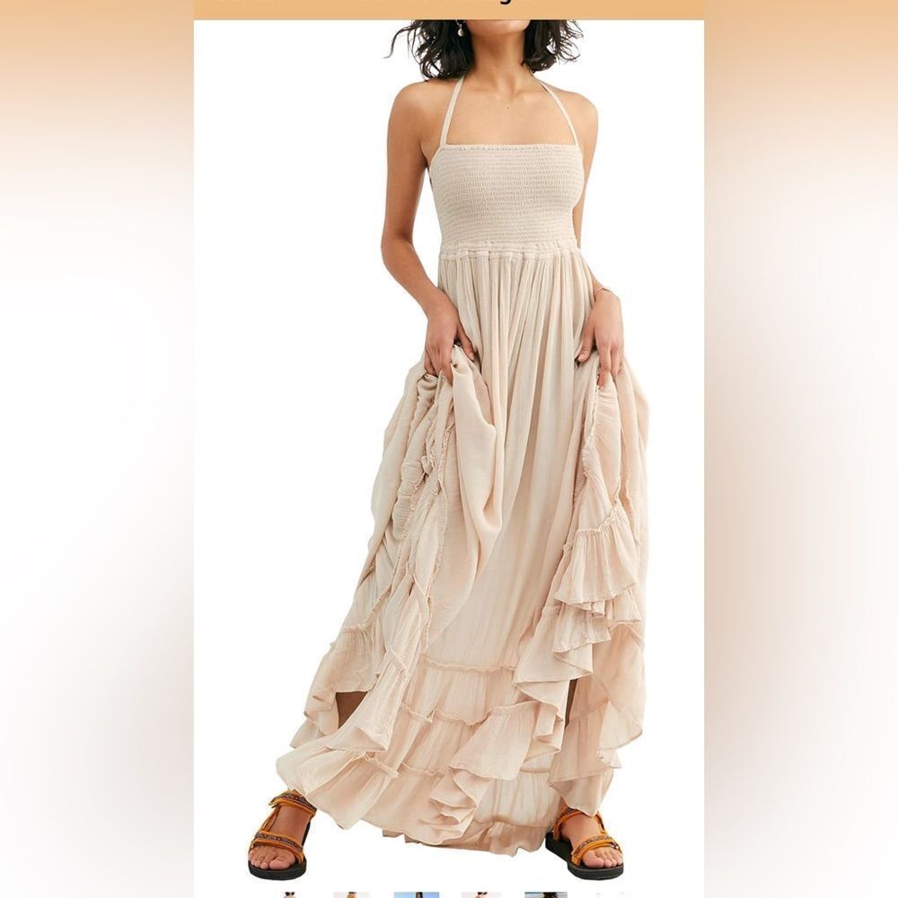 Vivimos Boho Cream backless Halter Maxi Dress Size Small - Picture 5 of 6